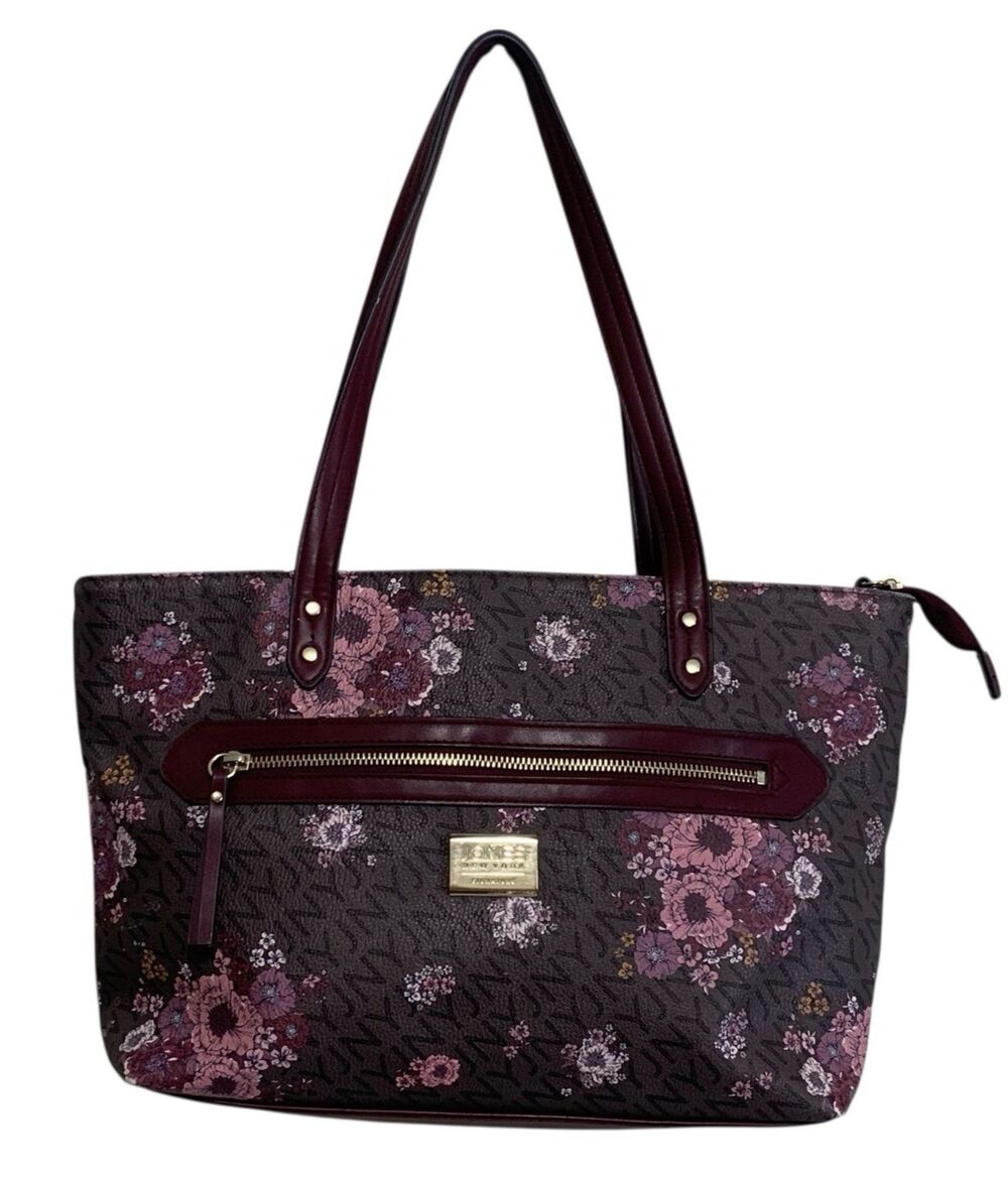 Jones New York Shoulder Handbag Brown Pink Floral Double Straps Multi-Pockets